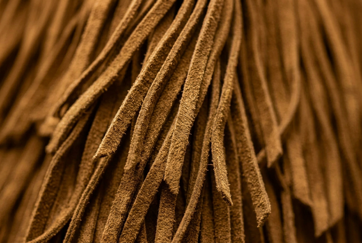 A close-up of dark forest green suede or faux-suede fringe strands hanging vertically, showing the soft textured surface and layered depth.